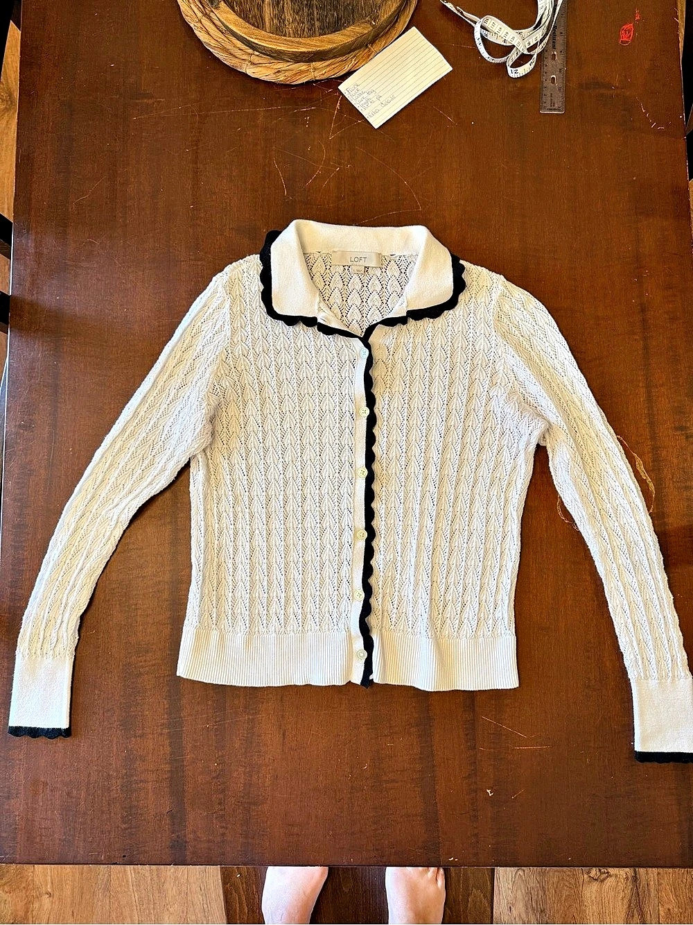 LOFT Tipped Scalloped Collared Pointelle Cardigan Sz Large